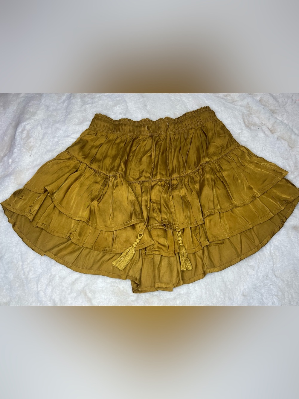 Aerie Sweet & Silky Tiered Mini Skirt Honey Gold Boho Ruffle NWT